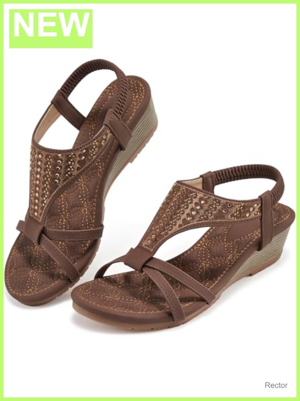 HARENCE Women's Wedge Sandals Faux Leather Open Toe Elastic Ankle Strap Platform